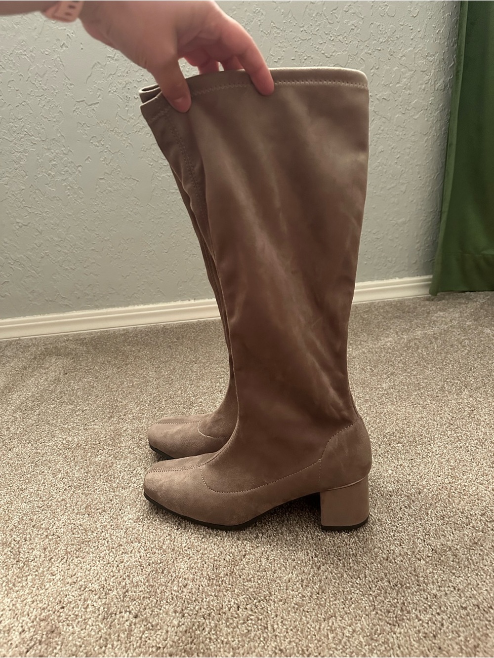 Brand New Knee-High Block Heel Faux Suede Boots in Taupe